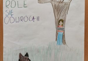 Autorzy: Wiktoria Studniarek i Maja Wojtera z kl. 6 c Praca przedstawia kobiecą postać przywiązaną do drzewa oraz psa, który kieruje do nas słowa „Kiedyś role się odwrócą!”.